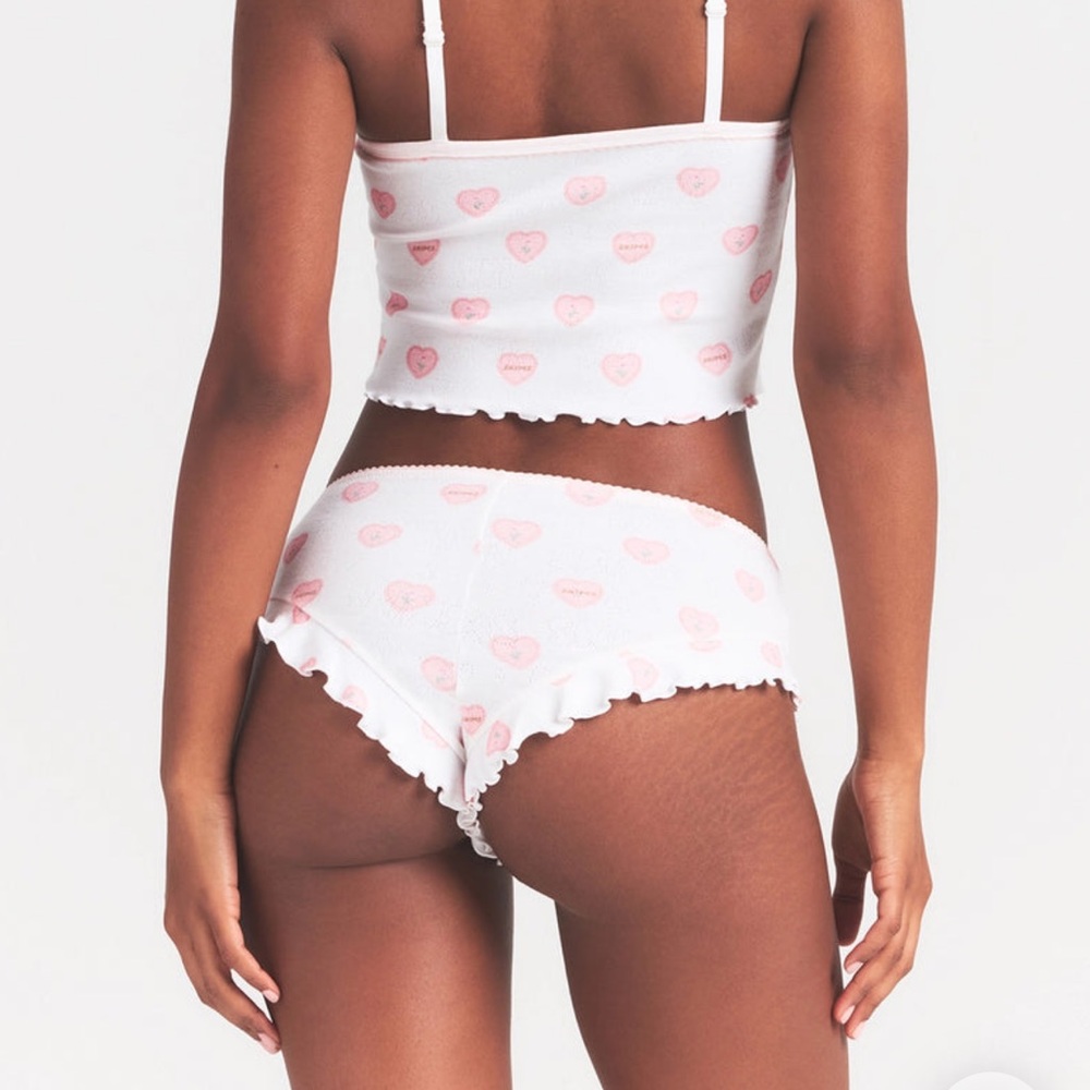 White & Pink Heart Print Ribbed Tank and Brief Set